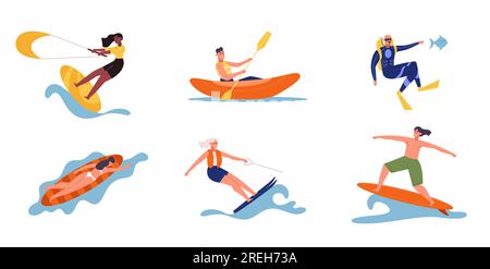 Plage et activités nautiques personnes, surf et kite Illustration de Vecteur