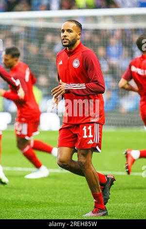 Youssef el Arabi, jouant pour l’Olympiacos FC, photographié lors d’une séance d’entraînement au stade Ibrox, Glasgow, Royaume-Uni Banque D'Images