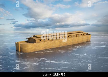 L'arche de Noé dérive dans les eaux de l'inondation globale - rendu 3D. Banque D'Images