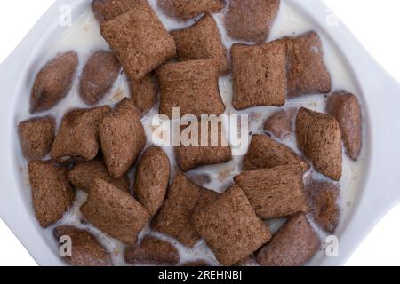 pads de petit-déjeuner secs avec du lait isolé sur fond blanc Banque D'Images