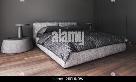 Intérieur Chambre Avec Un Lit Et Une Lampe De Décoration Banque D