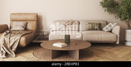 Décoration intérieure moderne avec mobilier beige, parquet, canapé et arbres. Fond panoramique de bannière horizontale. rendu 3d. Elevé Banque D'Images