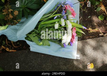 Londres, Royaume-Uni. 28 juillet 2023. Les fans rendent hommage à la chanteuse primée Sinead O'Connor au London Irish Center à Camden, au nord de Londres, y compris une carte qui l'a saluée comme une «princesse guerrière». La légende irlandaise Sinéad O'Connor est décédée le mercredi 26 juillet 2023 à l'âge de 56 ans après avoir été trouvée "insensible" à une adresse résidentielle dans le quartier SE24 de Londres. Crédit : Waldemar Sikora/Alamy Live News Banque D'Images