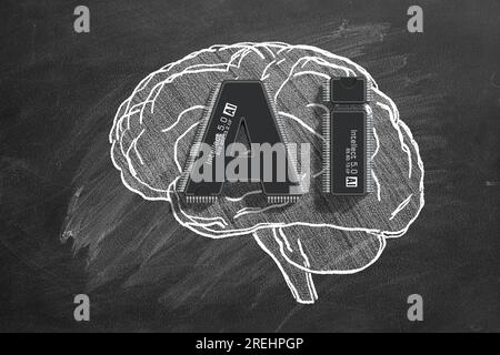 Deux micropuces sous la forme des lettres IA intégrées au cerveau humain représentent la fusion de pointe de la technologie et de la cognition. Artificiel Banque D'Images