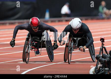 Nathan MAGUIRE (Grande-Bretagne), Danny SIDBURY (Grande-Bretagne) concourant à la finale masculine du 1500m en fauteuil roulant au 2023, IAAF Diamond League, Queen Elizabeth Olympic Park, Stratford, Londres, Royaume-Uni. Banque D'Images