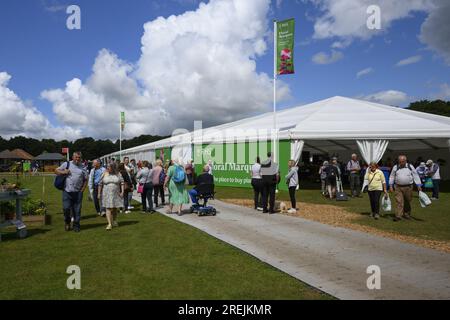 Visiteurs passant devant un chapiteau géant (personnes faisant leur chemin autour du terrain d'exposition, journée ensoleillée) - RHS Flower Show Tatton Park, Cheshire, Angleterre Royaume-Uni. Banque D'Images