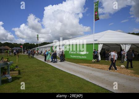 Visiteurs passant devant un chapiteau géant (personnes faisant leur chemin autour du terrain d'exposition, journée ensoleillée) - RHS Flower Show Tatton Park, Cheshire, Angleterre Royaume-Uni. Banque D'Images