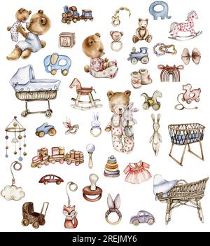 Ensemble de jouets pour bébé aquarelle et ours en peluche. Jouets en bois pour enfants aquarelle dessinée à la main. Blocs et objets éducatifs en bois pour les bambins.Perfect pour weddi Banque D'Images