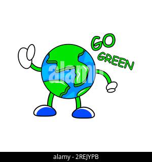 Go Green concept avec le personnage de planète Terre vintage comique de marche isolé sur fond blanc. ECO activisme ou concept du jour de la Terre pour autocollant ou poste Banque D'Images