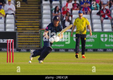 Chester le Street, 16 juin 2023. Luis Reece bat pour Derbyshire Falcons contre Durham Cricket dans un match de Vitality Blast au Seat unique Riverside, Chester le Street. Crédit : Colin Edwards Banque D'Images