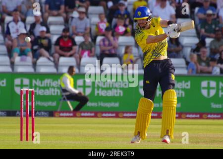 Chester le Street, 16 juin 2023. Michael Jones bat pour Durham Cricket contre Derbyshire Falcons dans un match de Vitality Blast à Seat unique Riverside, Chester le Street. Crédit : Colin Edwards Banque D'Images