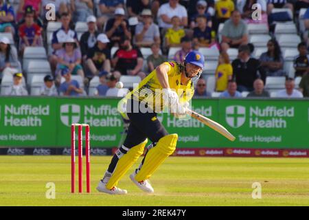 Chester le Street, 16 juin 2023. Alex Lees bat pour Durham Cricket contre Derbyshire Falcons dans un match de Vitality Blast au Seat unique Riverside, Chester le Street. Crédit : Colin Edwards Banque D'Images