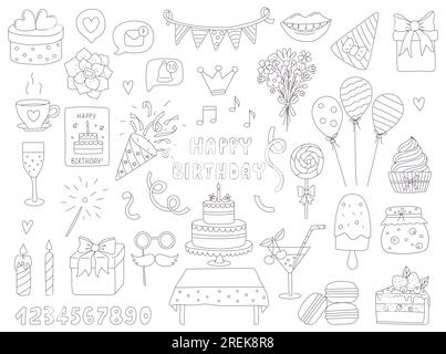 Un ensemble d'éléments de doodle dessinés à la main pour anniversaire, fête, célébration. Délimiter les objets décoratifs. Illustrations vectorielles en noir et blanc isolées sur un W. Illustration de Vecteur