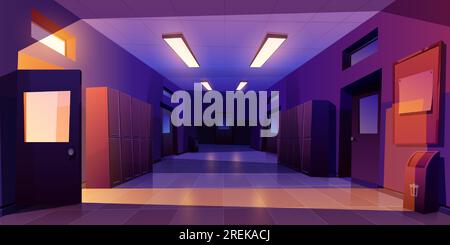 Intérieur de nuit de couloir d'école avec portes d'entrée, casiers et tableau d'affichage sur le mur dans la lumière électrique. Illustration de dessin animé vectoriel de couloir vide au collège, université avec portes de salles de classe Illustration de Vecteur