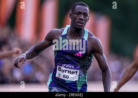 BREDA, PAYS-BAS - JUILLET 28 : Taymir Burnet de Rotterdam Atletiek en compétition sur hommes - finale du 100 mètres lors des Championnats nationaux néerlandais d'athlétisme le 28 juillet 2023 à Breda, pays-Bas (photo Andre Weening/Orange Pictures) crédit : Orange pics BV/Alamy Live News Banque D'Images