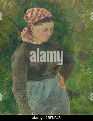 Titre : Femme paysanne Créateur : Camille Pissarro année : 1880 contenu : un portrait d'une femme paysanne debout dans un champ. La femme porte une robe simple et un foulard. Elle tient un panier dans ses bras. Le fond de la peinture est un champ de blé. Dimensions : 73 x 60,4 cm support : huile sur toile lieu : National Gallery of Art, Washington, D.C. Banque D'Images