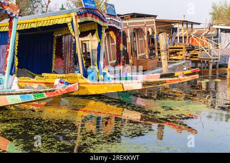 Rainawari, Srinagar, Jammu-et-Cachemire, Inde. 24 octobre 2022. Bateaux touristiques shikara traditionnels au lac Dal. Banque D'Images