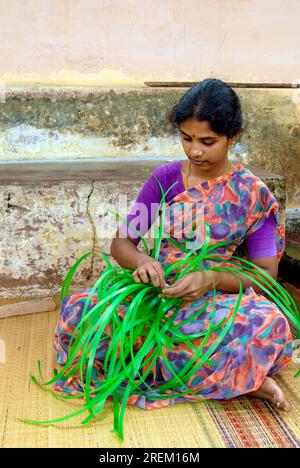 Femme tissage panier de bande en plastique à Chettinad, Tamil Nadu, Inde du Sud, Inde, Asie. Artisanat Cottage Industry Banque D'Images
