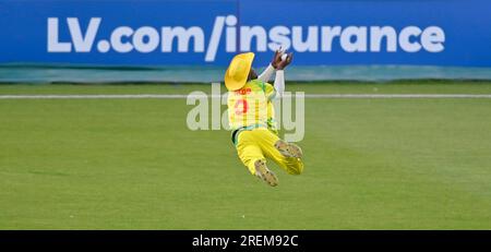 Northampton 26 mai : Darron Nedd de Grenade lors du match T20 entre Northamptonshire Steelbacks X1 et Grenada Cricket au County Ground Northampton le 28 juillet 2023 Northampton Angleterre . Banque D'Images