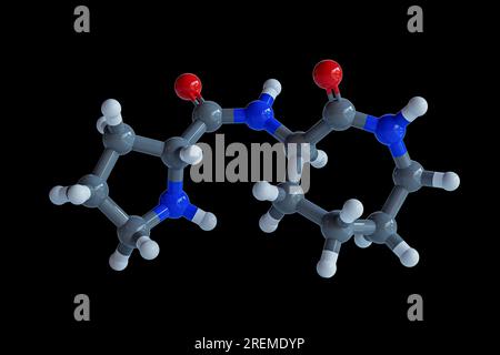 Illustration d'une molécule d'ozopromide (N-(2-ozazepan-3-yl) pyrrolidine-2-carboxamide). Ce composé se trouve dans le sac d'encre de la pieuvre commune (Octopus vulgaris). Des études in vitro ont montré qu'il est capable de tuer sélectivement les cellules cancéreuses. Banque D'Images