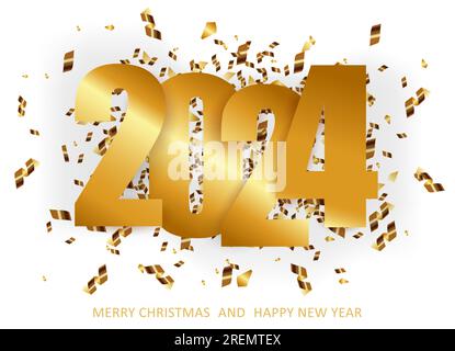 Bonne année 2024. Numéros 2024 avec des confettis dorés.. Fond de Noël festif. .Vector Illustration de Vecteur
