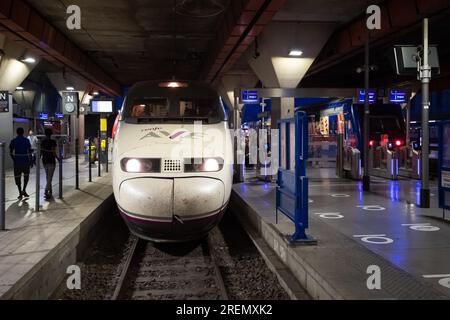 Marseille, France. 28 juillet 2023. Un train exploité par la compagnie ferroviaire espagnole Renfe arrive pour le premier service de Madrid à la Gare Saint-Charles à Marseille, France, le 28 juillet 2023. Renfe entend profiter pleinement de l'ouverture à la concurrence de l'opérateur ferroviaire français SNCF. Photo de Laurent Coust/ABACAPRESS.COM crédit : Abaca Press/Alamy Live News Banque D'Images