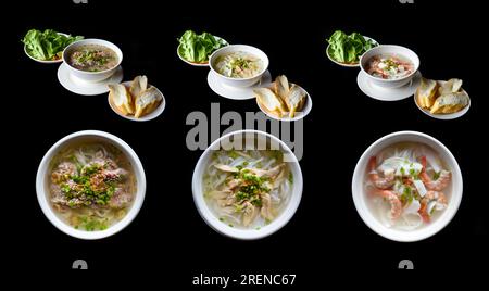 Ensemble ou collage de soupes traditionnelles vietnamiennes Pho avec poulet, fruits de mer et bœuf (pho ga, pho bo, pho hai san) Banque D'Images