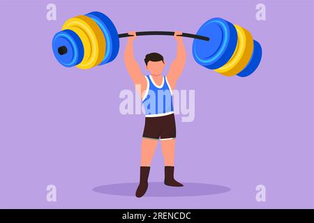 Modèle de fitness de bodybuilder de dessin graphique à plat avec barre. Badge logo fitness avec muscle homme, gymnastique, body building. Ascenseur sportif d'athlétisme Banque D'Images