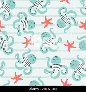 Motif de mer sans couture avec des animaux sous-marins mignons - poulpe et étoile de mer. Illustration de Vecteur