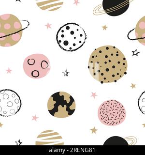 Motif d'espace enfantin sans couture avec des planètes dessinées à la main. Illustration de Vecteur