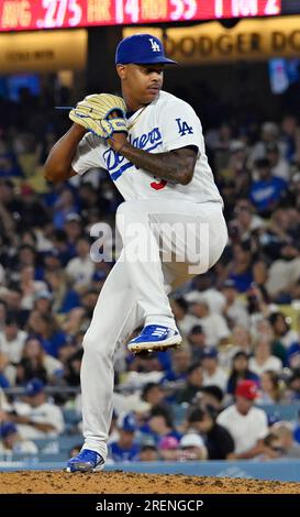 Los Angeles, États-Unis. 28 juillet 2023. Le rebelle des Dodgers de Los Angeles Yency Almonte livre lors de la septième manche d'une défaite 6-5 contre les Reds de Cincinnati au Dodger Stadium de Los Angeles le vendredi 28 juillet 2023. Photo de Jim Ruymen/UPI crédit : UPI/Alamy Live News Banque D'Images