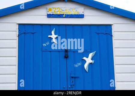 Deux figurines de mouette sur une cabane colorée, pittoresque, bleue et blanche de plage sur Westward Ho! Front de mer surplombant la plage et l'estuaire de Torridge. Banque D'Images