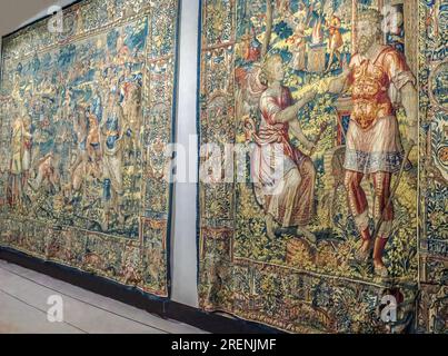 La Fondation Santa María restaure les tapisseries du Musée diocésain de Albarracín, palais épiscopal du 18e siècle, Teruel, Aragon, Espagne. Banque D'Images