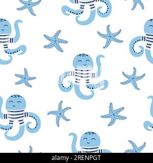Motif de mer sans couture avec pieuvre bleu mignon et étoile de mer. Illustration de Vecteur