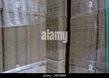 Boîtes pliantes en carton. Feuilles perforées de carton ondulé une pile sur palettes. Emballage de produits finis en production industrielle. Banque D'Images