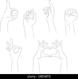 Ensemble de mains humaines dessinées à la main avec des gestes différents. Contour de main avec un contour vide isolé sur fond blanc. Illustration vectorielle Illustration de Vecteur