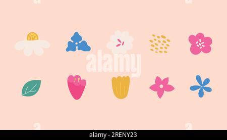 Simple tendance abstrait dessiné à la main doodle style fleurs modernes, feuille. Ensemble d'éléments botaniques modernes contemporains. Illustration de Vecteur