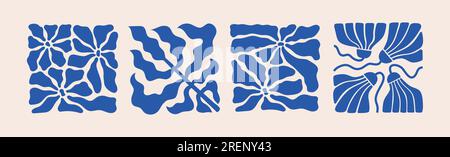 Fleurs abstraites, laisse des affiches minimales. Formes de doodle organiques dans un style rétro naïf à la mode. Arrière-plans vectoriels de couleur bleu botanique contemporains. Illustration de Vecteur