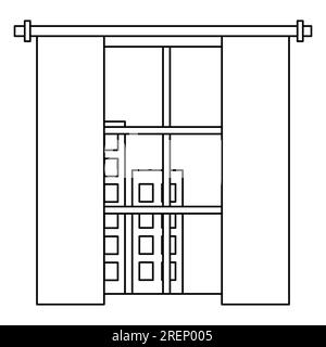 Fenêtre à la maison avec de longs rideaux classiques, vue sur le ciel et les silhouettes des maisons, illustration vectorielle plate de style doodle pour livre de coloriage pour enfants Illustration de Vecteur