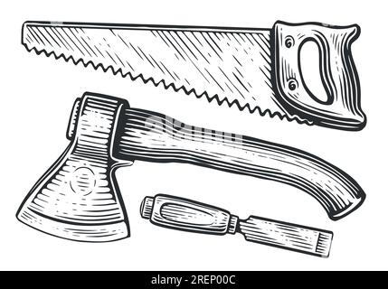 Ensemble d'outils de travail du bois et de menuiserie. Scie à métaux, hache, coupe-bois. Illustration vectorielle d'esquisse Illustration de Vecteur