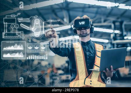 Ingénieur homme utilisant la technologie de réalité virtuelle VR dans l'usine d'entrepôt moderne nouvelle ingénierie d'innovation Banque D'Images