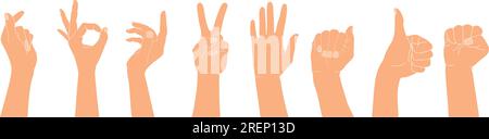 Ensemble de mains humaines levées avec des gestes différents. Illustration vectorielle isolée de mains humaines Illustration de Vecteur