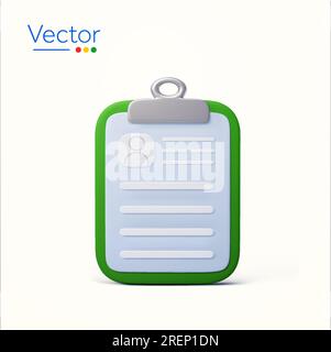 presse-papiers 3d, document, fichier avec profil personnel, isolé sur fond blanc. Icône pour questionnaire, enquête, examen, employé ou patient. illustration vectorielle 3d. Illustration vectorielle Illustration de Vecteur