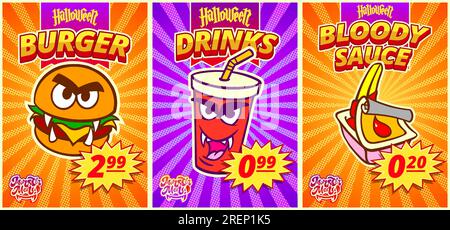 Affiche comique avec hamburger, boisson et sauce sanglante pour café fast-food dans le style popart. Illustration vectorielle. Illustration de Vecteur