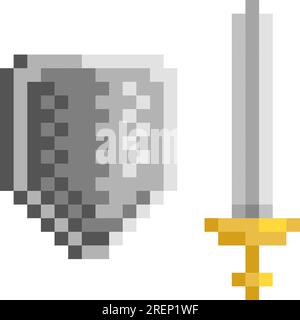 Épée médiévale et bouclier pixel art. Illustration vectorielle de dessin animé Illustration de Vecteur