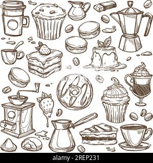 Café et desserts, gâteaux et pâtisseries sucrées Illustration de Vecteur