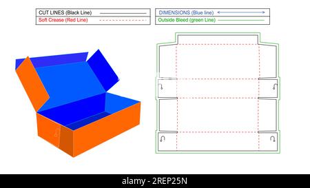 Boîte d'expédition ondulée standard et boîte en carton, rendu 3D et modèle de ligne de découpe avec redimensionnable et éditable Illustration de Vecteur