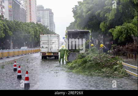 Chine. 29 juillet 2023. (230729) -- FUZHOU, 29 juillet 2023 (Xinhua) -- des membres du personnel nettoient des brunchs d'arbres tombés sur une route dans le district de Jin'an de Fuzhou, dans la province du Fujian au sud-est de la Chine, le 29 juillet 2023. Les transports publics, y compris les bus et les métros à Fuzhou, ont été temporairement suspendus samedi matin après que la ville ait lancé une intervention d'urgence de niveau I pour les tempêtes de pluie déclenchées par le typhon Doksuri. Touchée par le typhon, Fuzhou a connu de fortes pluies continues depuis vendredi. Plusieurs stations d'observation météorologique de la ville ont enregistré les précipitations quotidiennes les plus élevées Banque D'Images