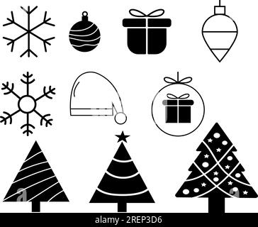 Icône de ligne de Noël, contour de conifère décoré et signe vectoriel rempli Illustration de Vecteur