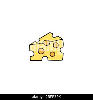 Elément isolé de griffe de morceau de fromage. Illustration vectorielle de contour de fromage Maasdam avec des trous. Grillades colorées mignonnes dessinées à la main Illustration de Vecteur